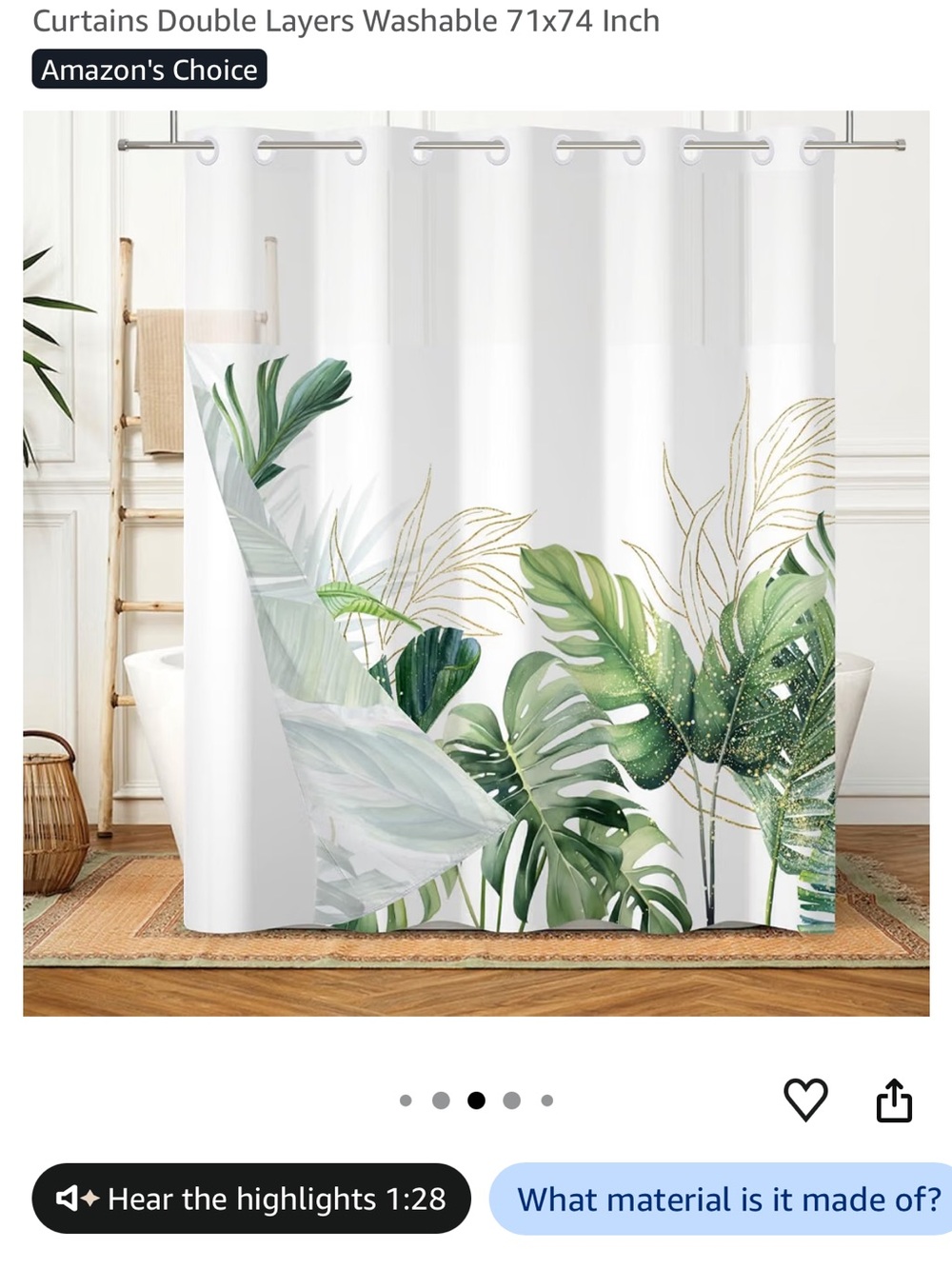 Shower Curtain No Hooks with Liner, 71x71
- White & Green Tropical Leaves